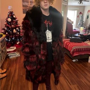 Black and Red Plush Fox/rabbit Fur Long Coat